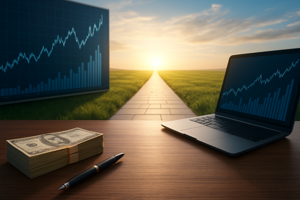 A desk with a stack of cash and a pen next to a laptop displaying a financial graph, with a sunset view in the backgroun