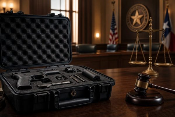 A black gun case with components inside, placed on a wooden table in a courtroom setting with a gavel and scale of justi