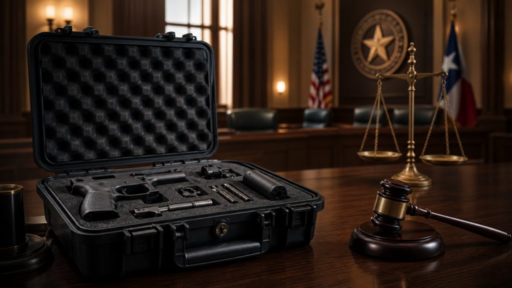 A black gun case with components inside, placed on a wooden table in a courtroom setting with a gavel and scale of justi