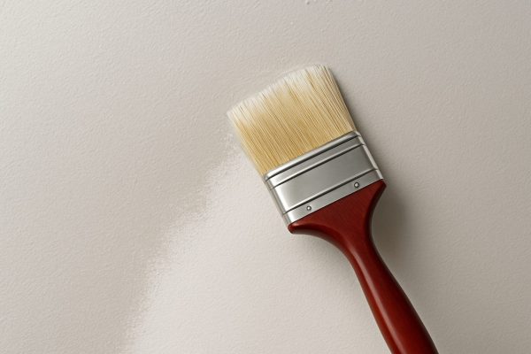 A paintbrush with a wooden handle applying paint to a smooth beige wall